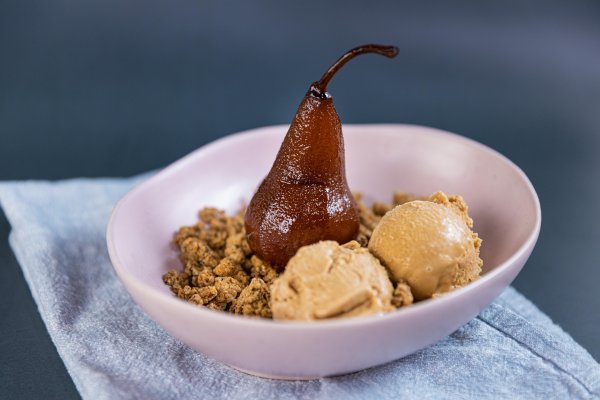 poached pear in a coffee syrup