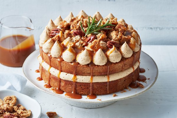 spiced caramel cake with salted maple butterscotch and pecan crumble
