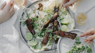 Asian Caramel Pork Skewers with Slaw