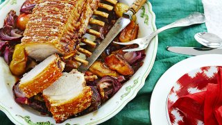 Crispy Crackling Pork with Sticky Bourbon Apples