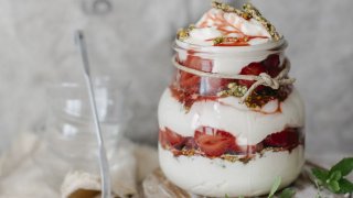 Strawberry Syrup Pistachio Goat Cheese Cheesecake