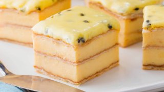 vanilla slice with passionfruit icing