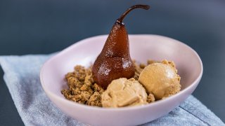 poached pears in a coffee syrup